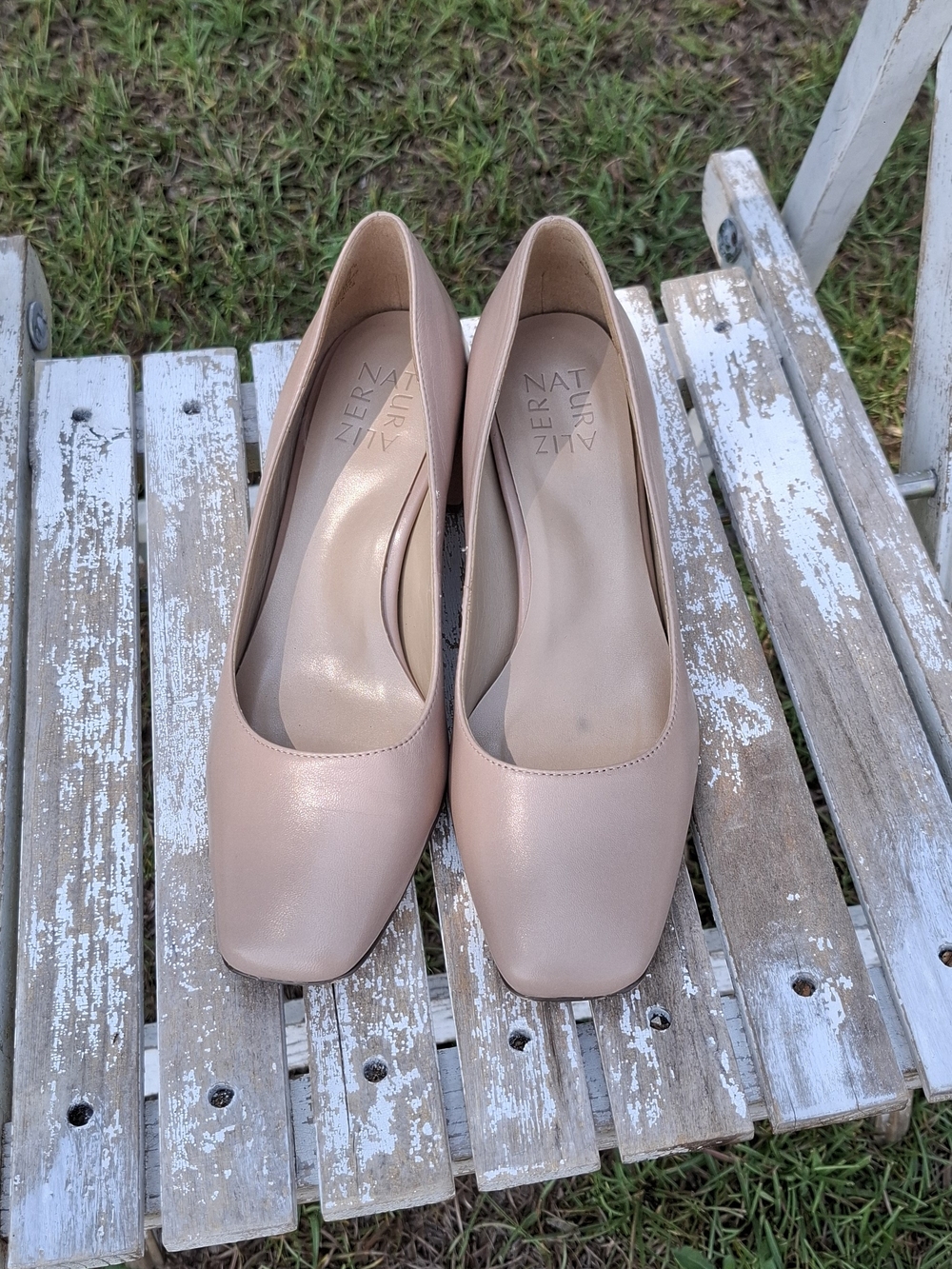 Naturalizer Women’s Nude Leather Pumps - Classic Block Heel